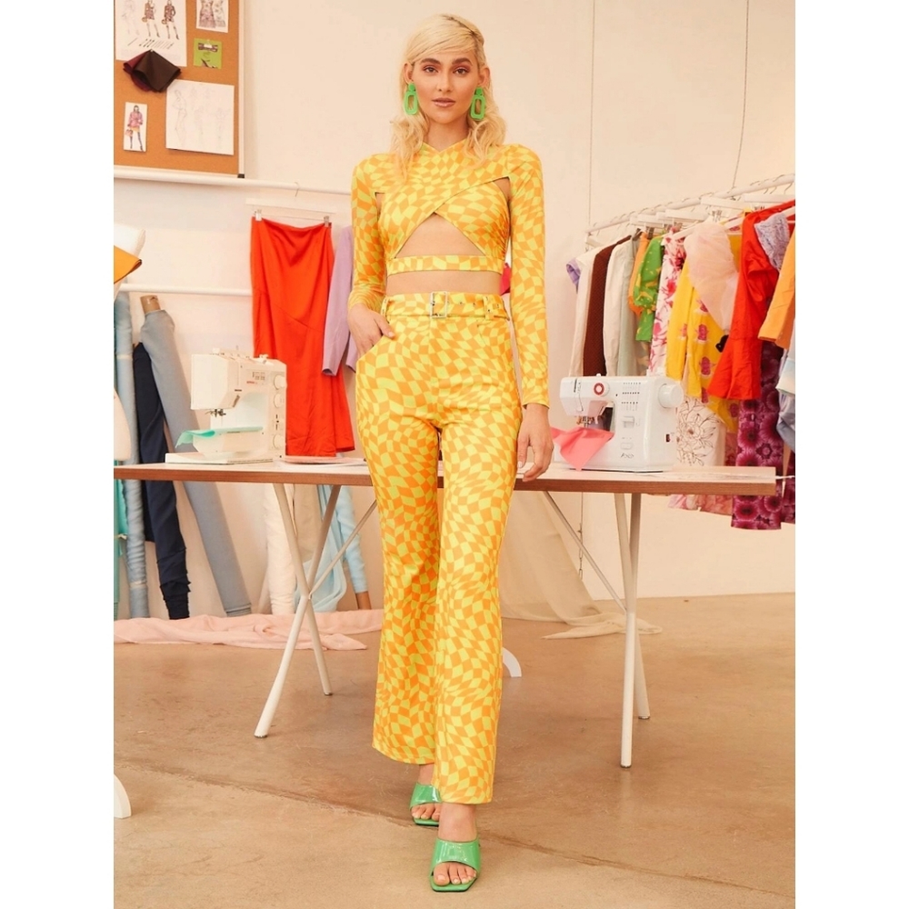 Shein x Simone Rodgers Orange Green Checkered Two Piece Set